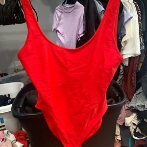 Red low back one piece bathing suit